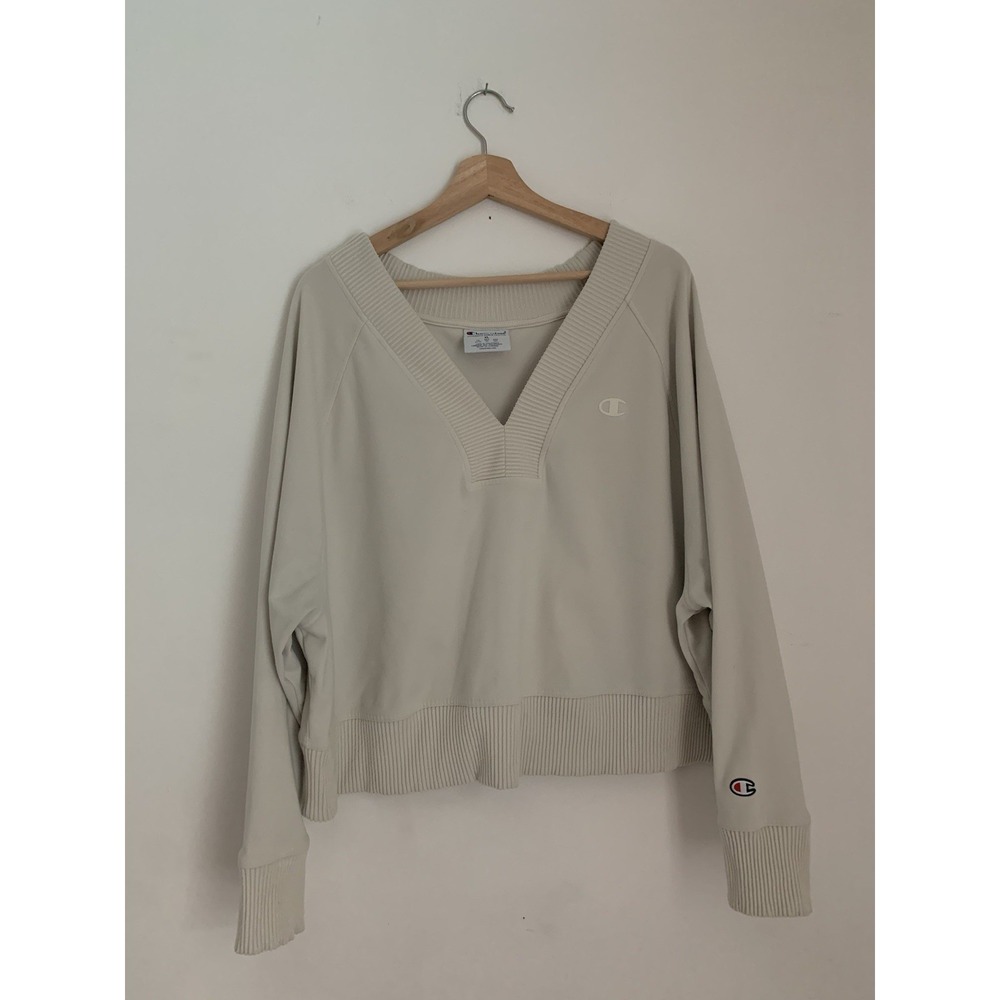 Champion Women Soft Touch Rib Mix Pullover Sz XL Ivory Loose Fit Retro Inspired